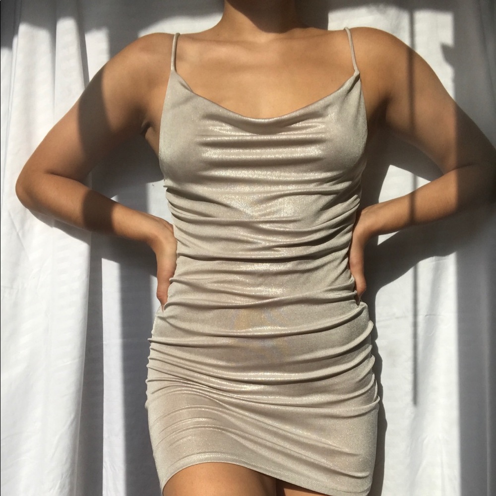 Sparkly Grey Cowl Neck Mini Dress